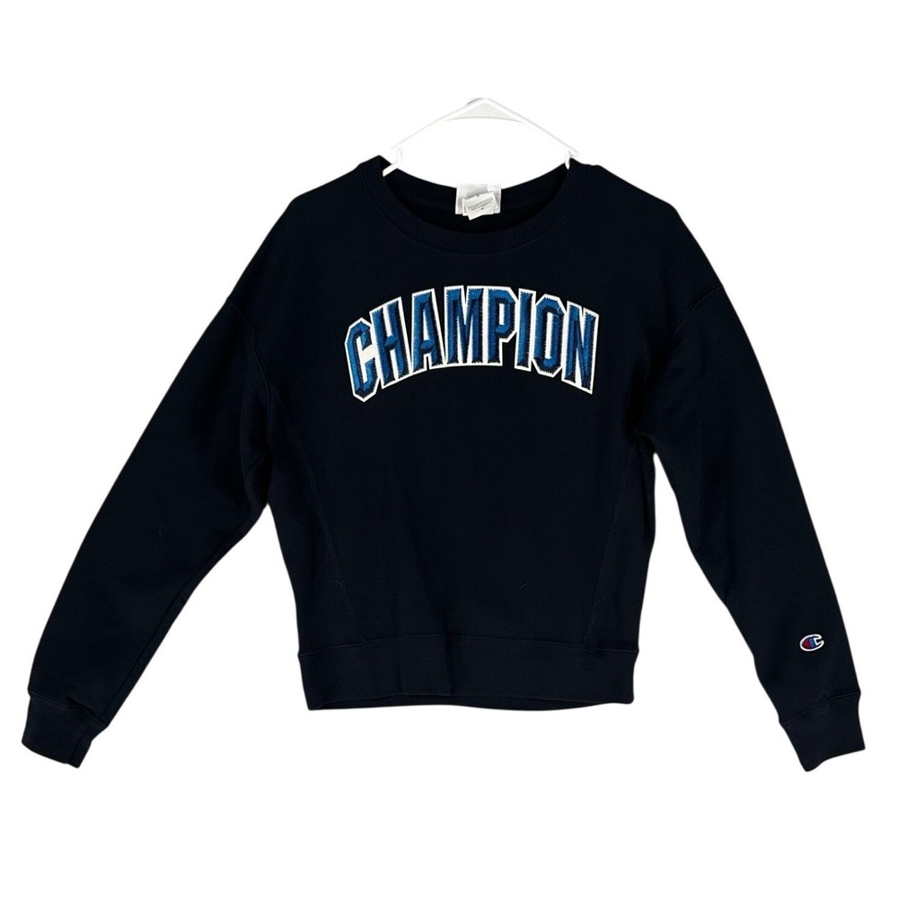 Champion Reverse Weave Navy Blue Cropped Sweatshirt Large Logo Women's X-Small